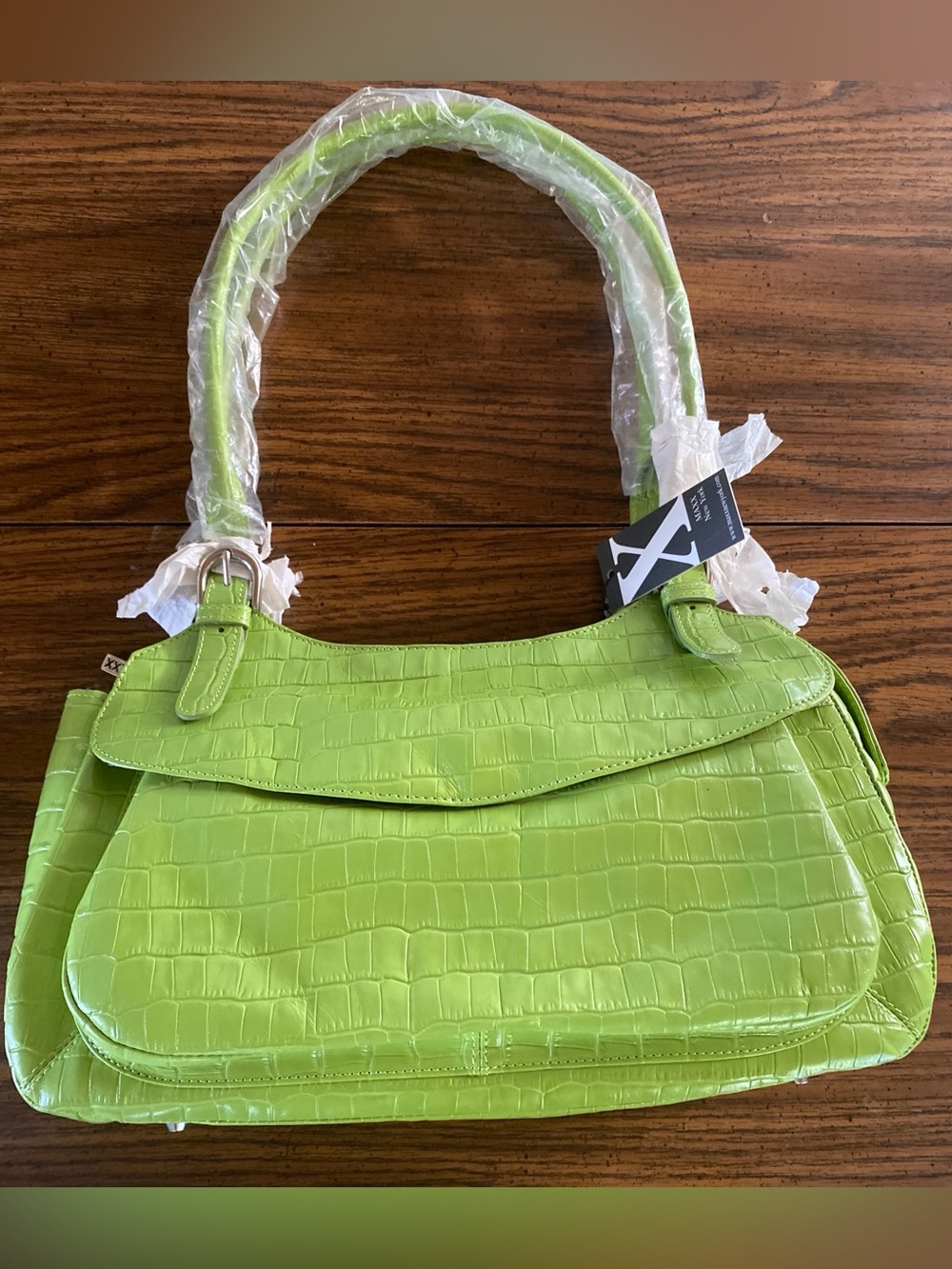 Maxx New York Lime Green Croc Embossed Leather Shoulder Bag NWT Y2K